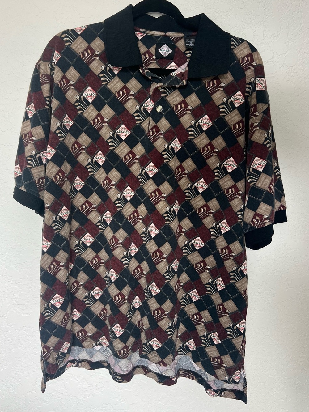 Vintage TABASCO Polo Shirt Men XL Black Burgundy Tan Geometric Print 100% Cotton